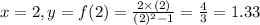 x = 2, y = f (2) =  frac {2  times (2)} {(2) ^ 2-1} =  frac {4} {3} = 1.33